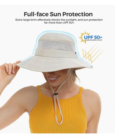 Women's UPF50+ Sun Hat with Ponytail Hole - Waterproof Beach Bucket Hat in Beige - Buy Online on SooperMarket.com