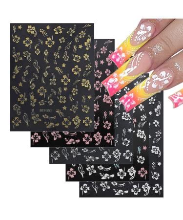 Flower Nail Stickers 10 Sheets 3D Embossed Hibiscus Flower Nail Art Stickers Self Adhesive Nail Decals Floral Nail Art Design Decoration for Women Girls (Gold Silver Pink White)