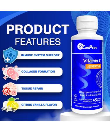 CanPrev Liposomal Vitamin C 500mg with Vitamin E 10 IU 225ml - Citrus Vanilla Flavor - Liquid Vitamin C Complex - Enhanced Absorption - Antioxidant Supplement - Maintenance of Bones Teeth & Gums - Buy Online on SooperMarket.com