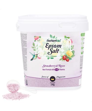 Nortembio Epsom salt 3 kg. New type of roses and strawberries.Hydrated with vitamin C and E. swimming salt and body care.E-book inclusive.Strawberries and roses