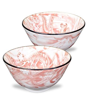 Mino Ware Japanese Rice Bowl Rice Ramen Noodle Soup Sarada Pasta Red Dragon Design Chawn 2.5 inch 8.8oz Set of 2 Rice Bowl 2 Set Dragon Design (Red)