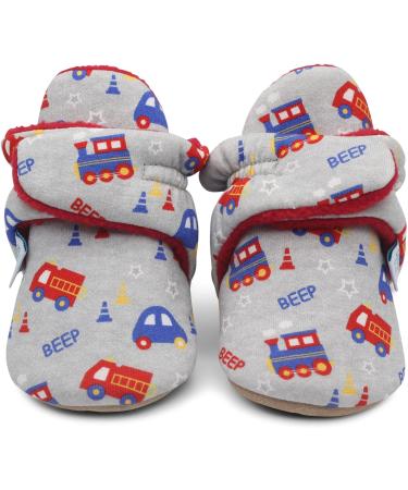 Dotty Fish Baby Booties | Fleece-Lined | Non-Slip Sole | Grey Trains & Cars | 0-6 Months - Buy Online on SooperMarket.com