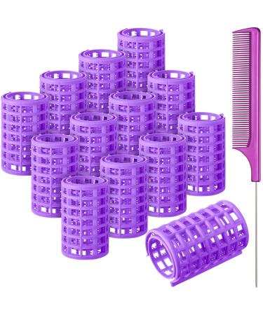 12 Pieces Hair Roller, Large Size Plastic Hair Rollers Hair Curlers with Steel Pintail Comb Rat Tail Comb for Short Hair Long Hair Hairdressing Styling Tools (Purple,6.8 x 3.6 cm) 6.8 x 3.6 cm Purple