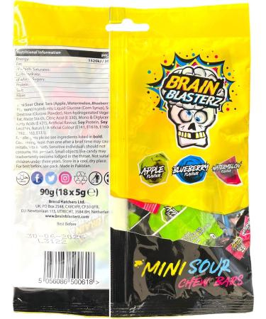 Brain Blasterz Super Sour Chew Bars Sweets Suitable for Vegans and Halal - 3x Packs 90g - 54 Chews - Buy Online on SooperMarket.com