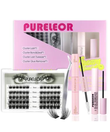 Cluster Lashes Extension Kit Individual DIY Eyeashes Extension Kit with Bond Seal Cluster Eyelash Applicator Remover 8-16mm Mixed Length Wispy 60Pcs Eyelashes Natural Look DIY at Home Volume Kit