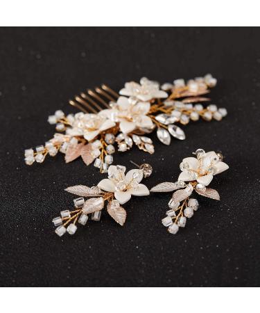 SWEETV Handmade Gold Wedding Hair Comb and Bridal Earrings Set - Elegant Accessories for Brides - Buy Online on SooperMarket.com