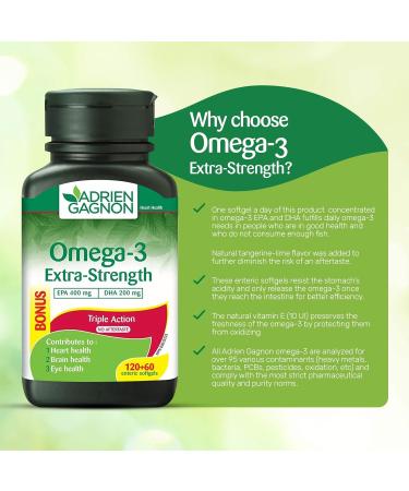 Adrien Gagnon - Omega 3 Extra-Strength (400 mg EPA + 200 mg DHA) 1000 mg Cognitive Cardiovascular and Joint Support. 180 (120+60 Bonus) Softgels - Buy Online on SooperMarket.com