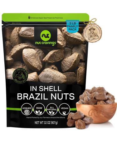 Raw Brazil Nuts In Shell - Whole Superior to Organic (32oz - 2 LB) Bulk Nuts Packed Fresh in Resealable Bag - Healthy Protein Food Snack All Natural Keto Friendly Vegan Kosher