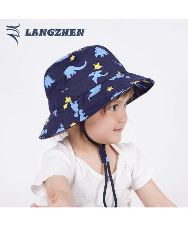 LANGZHEN Beach Sun Protection Hat for Baby Girls | Adjustable Wide Brim Toddler Kids Hat with Chin Strap | Navy Dinosaur Design | Size X (6-12 Months) - Buy Online on SooperMarket.com