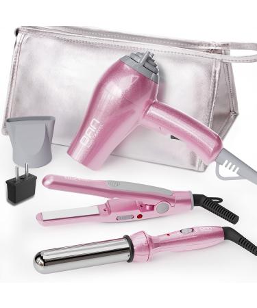 DAN Technology Hair Styling Set Including Travel Hair Dryer Mini Flat Iron and Travel Curling Iron with European Plug Dual Voltage Portable Storage Bag Pink Plik