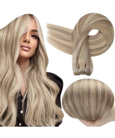 Full Shine Blonde Human Hair Weft Extensions #18/613 Ash Blonde Highlight Sew in Weft Hair Extensions Real Human Hair 14 Inch 100g Hand Tied Weft Human Hair Extensions 14" 100g # 18/613 Ash Blonde Highlight Bleach Blonde