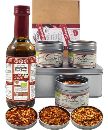 Direct & Friendly |Gift set for sharpnessBio |Chili olive oil extra sharpChili flakes in 3 different degrees of sharpness sharpness 4 pieces (1 Pack)