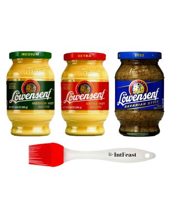 Lwensenf German Mustard Variety Pack (3 Pack) - Extra Hot Mustard 9.3oz (1 Piece) Medium Hot Mustard 9.3oz (1 Piece) Sweet and Spicy Mustard Jar 10.05oz (1 Piece) with Intfeast Silicone Pastry Brush