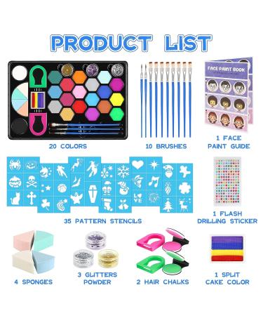 40-Piece Kids Face Paint Kit | 20 Colors with Stickers, Brushes, Sponges & Split Cake | Professional Face Painting Set - Buy Online on SooperMarket.com