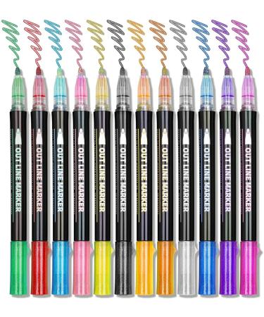 Double Line Markers Outline Pens, Super Squiggles Glitter Outline Marker Set, 12 Colors Doodle Shimmer Pen for Card Making, DIY Art Drawing, Lettering, Craft Project