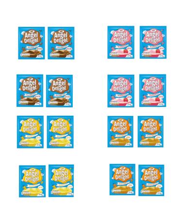 Angel Delight 4 Flavour Variety Bundle - Makes 64 Servings - with Strawberry Mousse Banana Chocolate Mousse and Butterscotch - 16 Sachets Total - Bulk Buy