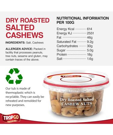 Tropgo Dry Roasted Salted Kosher Cashew Nuts - Guilt-Free Roasted Peanut Snack in a Resealable and Recyclable Tub - Fibre and Protein Rich Healthy Cashew Nuts - Vegan Nuts Snack for all Ages (180G) - Buy Online on SooperMarket.com