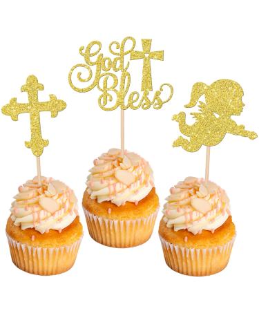 Rsstarxi 24 Pack God Bless and Cross Cupcake Toppers Glitter Angel Christening Babyshower Girl Baptism Cupcake Picks Decorations for First Communion Baptism Party Cake Decorations Gold