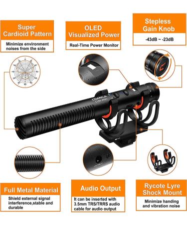 Comica CVM-VM20 Shotgun Microphone with Rycote Shockmount and OLED Power Display - Ideal for Smartphones, DSLR Cameras, Tablets, and Laptops - Buy Online on SooperMarket.com