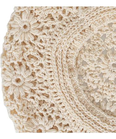 ZLYC Handmade Cotton Slouchy Crochet Beret with Cutout Floral Design - Plain Beige Women's Beanie Hat - Buy Online on SooperMarket.com