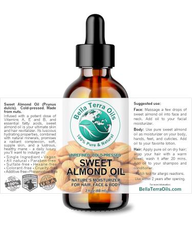 Sweet Almond Oil 2 oz 100% Pure Cold-pressed Unrefined Organic - Bella Terra Oils - Buy Online on SooperMarket.com