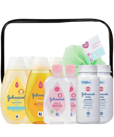 Johnson's Baby Bath Essentials Travel Kit, 9 Piece TSA Approved Travel Size Bottles Toiletries Kit, Baby Shampoo (2) Top to Toe Body Wash (2) Baby Powder (2) Baby Oil (2) Bonus Loofah Included