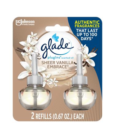 Glade PlugIns Refills Air Freshener, Scented and Essential Oils for Home and Bathroom, Sheer Vanilla Embrace, 1.34 Oz, 2 Count