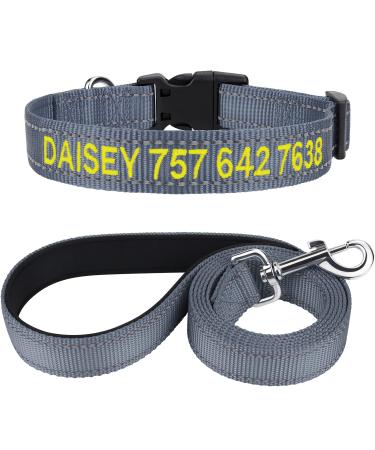 Tagme dog collar and leash personalizing reflective dog collar with 1.5m double -sided reflective dog leash for large dogs gray l (1 Pack) gray set