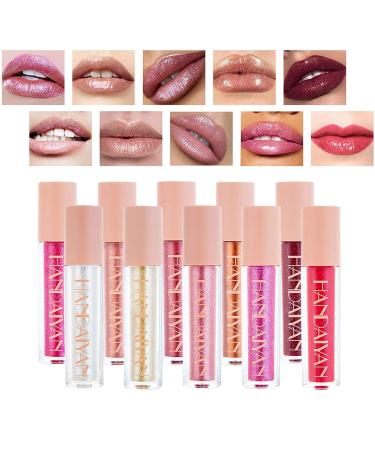 Gireatick 10 Colors Diamond Liquid Glitter Shimmer Lip Gloss Set, Non-stick Cup Moisturizing Long Lasting Metallic Lip Glaze Set