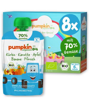 Pumpkin Organics Bio Vegetables Quetschies 8 Pack pumpkin carrot apple banana peach without added sugar - baby food for babies from the 6th month - gluten -free & vegetarian (8x100g)