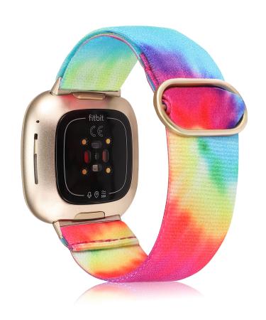 TOYOUTHS Compatible with Fitbit Versa 3 Bands Elastic Replacement for Fitbit Sense Adjustable Nylon Fabric Strap Scrunchies Solo Loop Bracelet Stretchy Wristband Women Men Tie Dye Rainbow