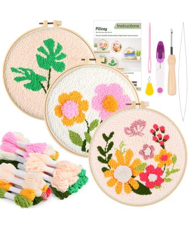 Pllieay 3 Set Punch Needle Embroidery Starter Kits Include Instruction  Punch Needle Fabric with Pattern  Yarns  Embroidery Hoops for Rug-Punch & Pinch Needle