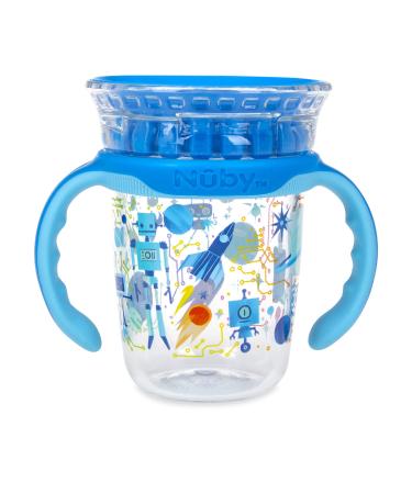Nuby 360 Edge 2 Stage Drinking Rim Cup with Removable Handles & hygienic Cover: 8 Oz/ 240 Ml  12M+  Robot  Blue (80815)