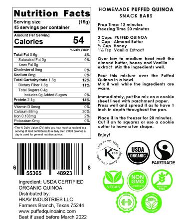 Puffed Quinoa 1.5 lb - Organic & Kosher Certified, High Protein, Vegan, Gluten Free, No GMOs | Ready to Eat - Buy Online on SooperMarket.com
