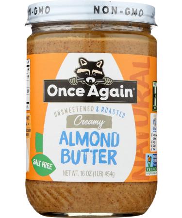 Once Again Natural Creamy Roasted Almond Butter, Unsweetened and Salt-Free 16 Ounce