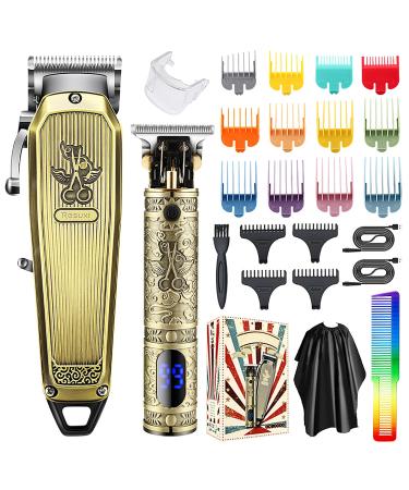 Professional Hair Clippers for Men Electric Beard Trimmer Cordless Barber Clippers for Hair Cutting with T Liners Rechargeable Hair Clipper and Trimmer Set with LED Display (Gold)