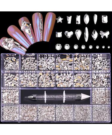 Nail Rhinestones Kit, Nail Art Decorations Flat AB Rhinestones Kit DIY Crafts Gemstones for Nail, Shoes, Clothes, Jewels (600 Clear diamonds + 2500 flat rhinestones)