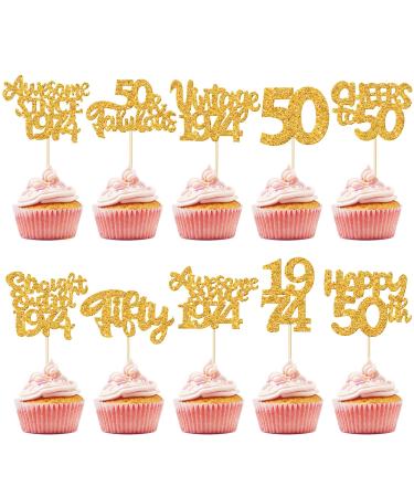 FoldTier 100 Pcs Happy 50th Birthday Cupcake Toppers Glitter Fifty 1974 Cupcake Picks Cheers to 50 Years Fabulous Cake Decorations for 50th Birthday Wedding Anniversary Party Supplies(Gold)