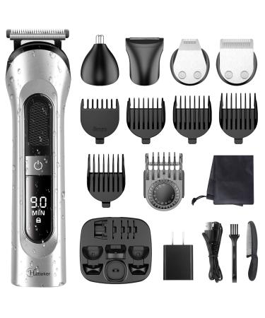 Hatteker Beard Trimmer for Men Hair Clipper Cordless Mustache Nose Trimmer Body Groomer Hair Cutting Kit Precision Trimmer USB Rechargeable Waterproof 5 in 1(Silver)