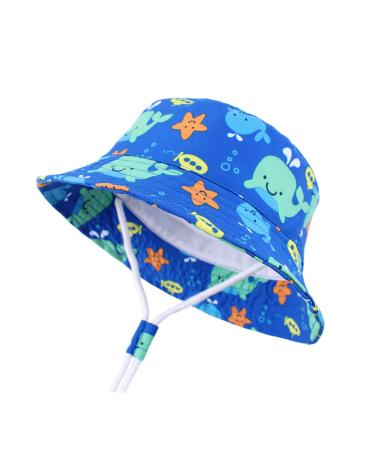 LANGZHEN Beach Sun Protection Hat for Baby Girls Adjustable Toddler Kids Hat Wide Brim Summer Play Hat with Chin Strap Blue-Whale 2-4 Years