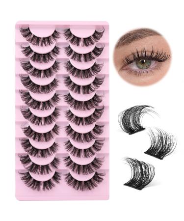 wiwoseo Cluster Lashes Extension Strip Eyelashes Individual Cat Eye Lashes Thick Volume DIY Lashes that Look like Extension Natural Fluffy Faux Mink Lashes 16MM Pesta as Postizas 10 Pairs Pack D-16MM Russian Lashes
