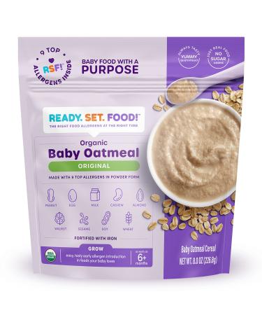 Ready, Set, Food! Organic Baby Oatmeal Cereal | Original Flavor | 15 Servings per Baby Food Pouch | 9 Top Allergens Pre-Mixed Inside (Peanut, Egg, Milk, Cashew, Almond, Walnut, Sesame, Soy, Wheat) | No-Added Sugar | Fortif