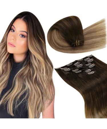 Laavoo clip in extensions real hair brown balayage real hair extensions clip in dark brown ombre medium brown with ash blonde double tress real hair clip in extensions 7PCs 105g #2/6/18 40cm-105g 3.3 #2/6/18