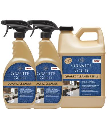 Granite Gold Quartz Cleaner Spray for Caesarstone Cambria Silestone and All Other Quartz Countertop Surfaces 64 Fluid Ounces and 2 x 24 Fluid Ounces 1 x 64 Fl. Oz. & 2 x 24 Fl. Oz.