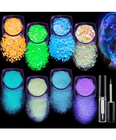 Holographic Chunky Glitter Glow in The Dark Glitter 8 Colors with Glue Set 2 Body Glitter Glow Glitter for Women Face Body Nail Hair Makeup at The Concert/Festival/Rave Party