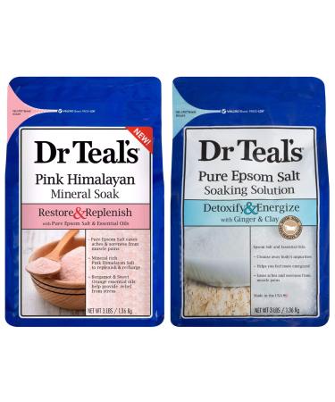 Dr. Teal's Pure Epsom Salt Bath Variety Gift Set (2 Pack 3lbs Ea.) - Restore & Replenish Pink Himalayan Detoxify & Energize Ginger & Clay - Essential Oils Remove Toxins 7 Help Alleviate Daily Stress