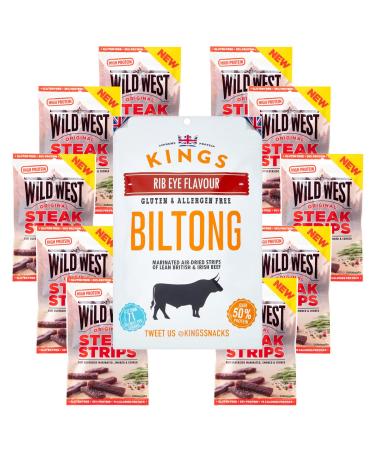 Kings Biltong -Wild West Jerky Steak Strips Beef Jery dry meat D rrfleisch 10 x 25g + 300g Ribeye Biltong Steak Strips + Biltong