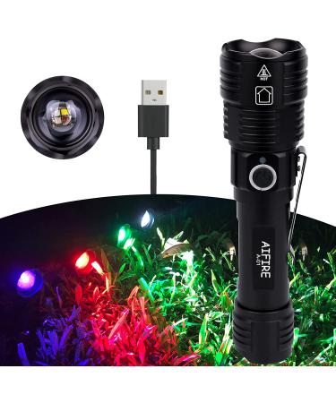 Aifire Best Hunting Flashlights 2022 Adjustable Rechargeable UV, Red, Green, White 4 Color in 1 Tactical Flash Light Ultraviolet Black Light Zoomable LED Hand-Held Flashlight