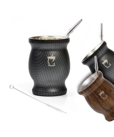 BARGRIN Mate Argentino Set for Yerba Mate - Includes Stainless Steel Bulb and a Bulb Cleaning Brush - Matte Double Wall Kit Stainless Steel Black 3D