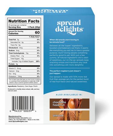 Spread Delights Raspberry Jam â Single Serve Packs for On-the-Go Snacks  All Natural  (20-Count) Raspberry Spread 0.8 Ounce (Pack of 20) - Buy Online on SooperMarket.com